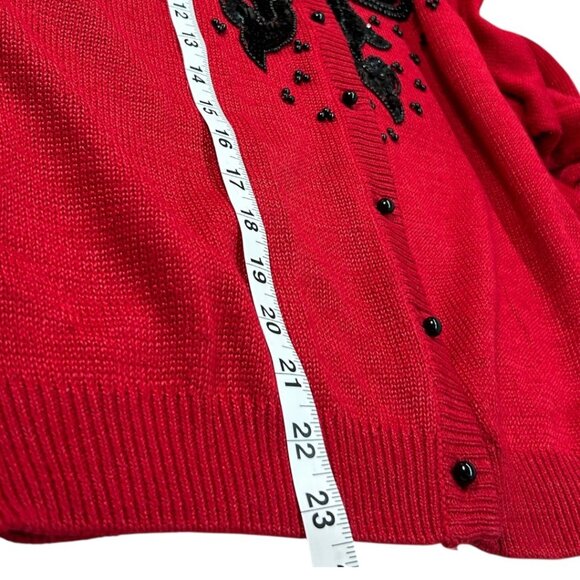 Vintage Dana Scott Red Knit Sweater Cardigan w/ Black Beads & Sequins Size Large - Picture 6 of 7